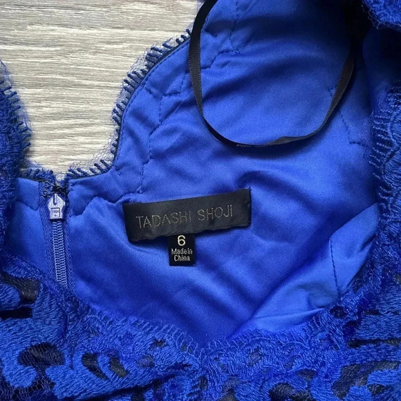 Tadashi Shoji Black Blue Lace Double V Sleeveless Fitted Ribbon Waist Dress 6 - Picture 4 of 9